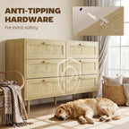 Light oak 6-drawer dresser with rattan panels and simple wooden drawer pulls.