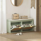 Light green shoe bench with open shoe compartments and padded seat for entryway storage