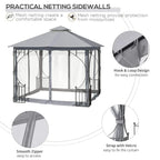 Light grey gazebo with practical mesh sidewalls, hook-and-loop curtain connection