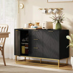 Black sideboard with geometric doors and gold handles; open shelf compartment visible