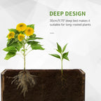 Wooden raised planter box with exposed soil and plant roots for deep planting.