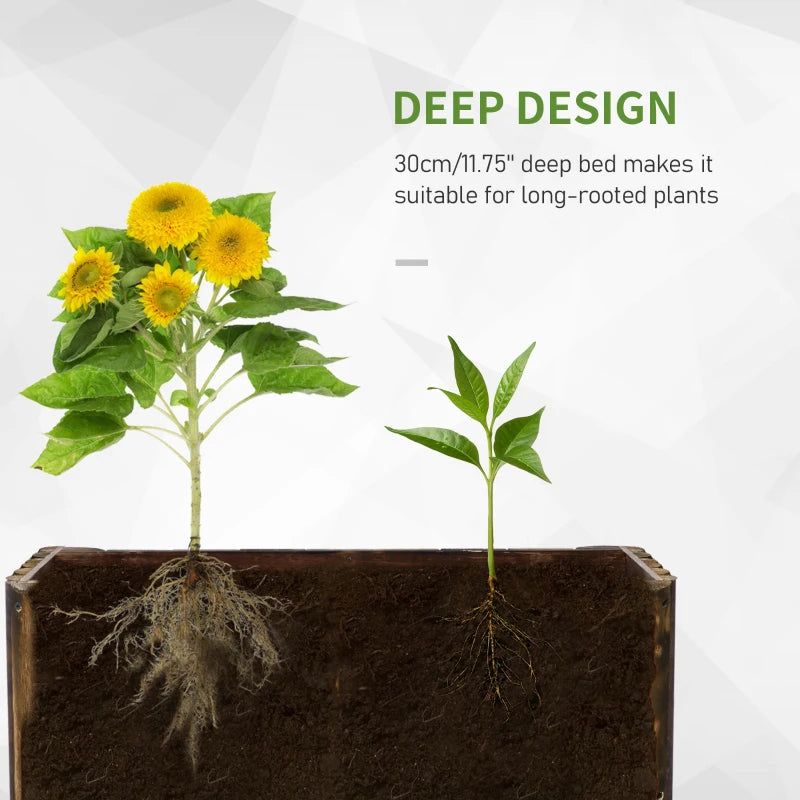 Wooden raised planter box with exposed soil and plant roots for deep planting.