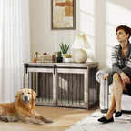 Walnut-brown dog crate furniture with black slats and top opening door in home setting