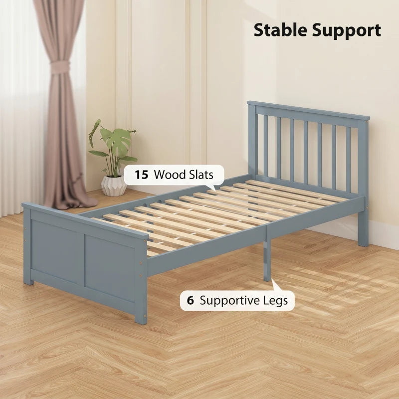 Grey pine single bed frame with slatted base and supportive legs under the frame