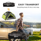 Two-person camping tent set in a carry bag, green and gray tent fabric