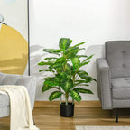 Faux rose plant with pots, green leafy plant in black pot on indoor floor