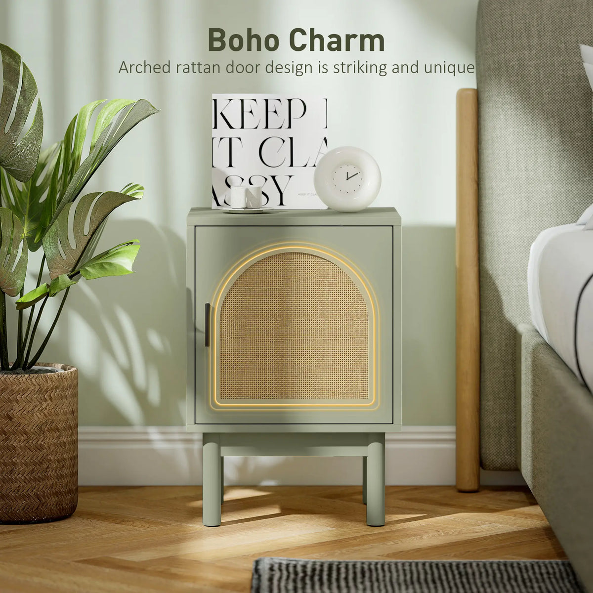 Homcom Rattan Bedside Table for Bedroom Light Green