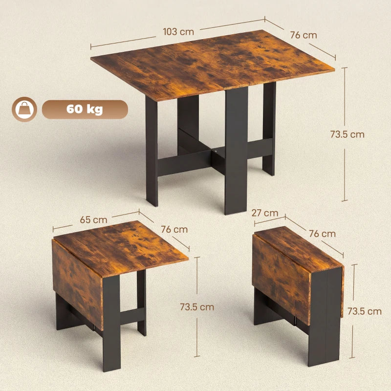 Rustic brown drop-leaf dining table with dark legs, shown from multiple angles