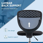 Dark blue mesh back office drafting chair with armless black seat and chrome caster base