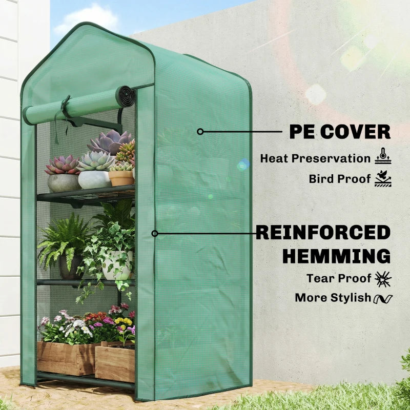 Green mesh mini greenhouse with three tiers and reinforced front panel