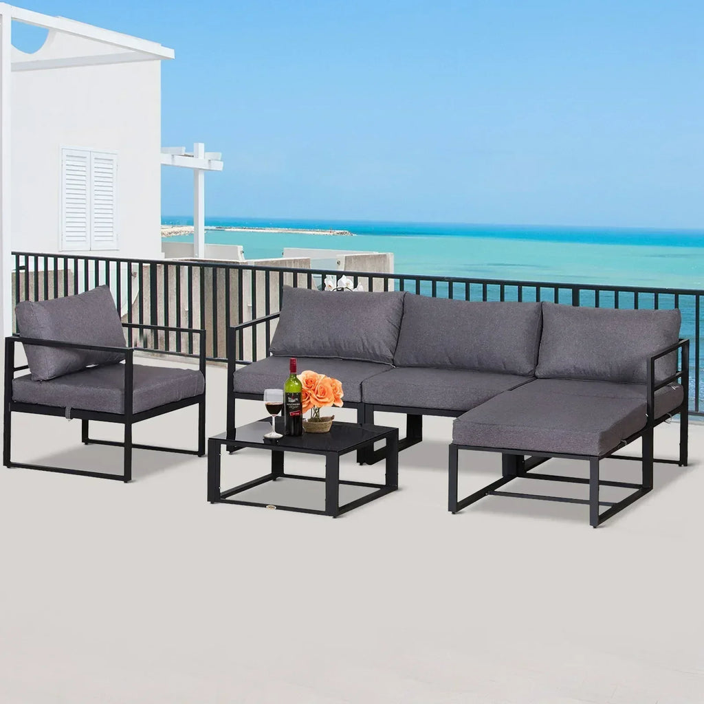 6 PCs Outdoor Indoor Sectional Sofa Set Thick Padded Cushions Aluminium Frame 5 Seaters 1 Coffee Table Footrest Grey - Bobobiy