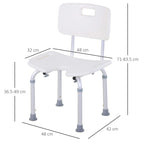 White bath stool chair with backrest and silver legs showing adjustable height range