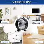 Black portable table fan with protective grille and sturdy three-foot base