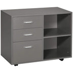 Grey mobile storage cabinet with 3 drawers, 2 open shelves, and black caster wheels.