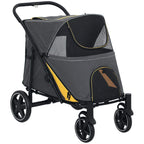 Foldable pet stroller, dark grey mesh canopy with large front wheels