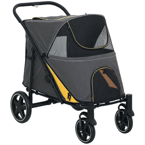 Foldable pet stroller, dark grey mesh canopy with large front wheels
