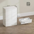 White 4-drawer chest cabinet with glossy drawer fronts, dimensions overlay for sizing.