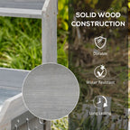 Grey wooden potting table frame with side hooks and textured grain detail