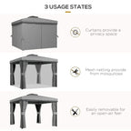 Grey gazebo canopy setup with curtains and mesh netting panels