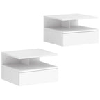 White floating bedside table set with two open shelves and front drawer