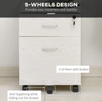 Front view of white locking filing cabinet with key slot and braked wheels