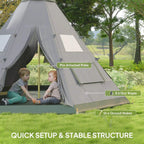 Grey 6-person tipi tent with ropes and ground stakes in place, open entrance