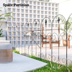 Black metal outdoor space partition fence with arched tops and curled scrolls
