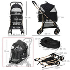 Black pet stroller with canopy and rain cover, side view with dimensions overlay.