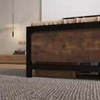 Single metal bed frame with headboard and underbed storage, rustic brown panel and black legs