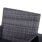 Grey woven rattan-style backrest with padded seat cushions and stitched edges