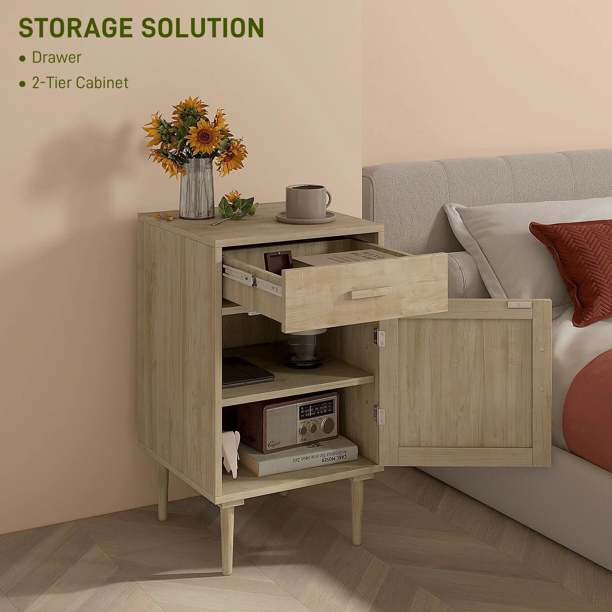 Bedside Table, Rattan Side Tables with Drawer, Cabinet and Adjustable Shelf, Boho Bedside Cabinet with Storage for Bedroom, Living Room, Natural Wood Effect - Bobobiy