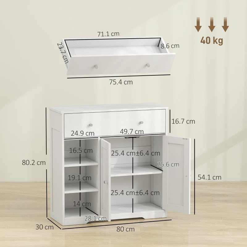 White freestanding cabinet with top drawer, double doors, and open cubby shelves
