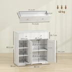 White freestanding cabinet with top drawer, double doors, and open cubby shelves