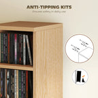 Natural wood media shelf tower with books and stable top panel over open cubbies