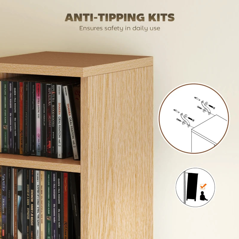 Natural wood media shelf tower with books and stable top panel over open cubbies