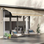 Beige retractable patio awning canopy extended above outdoor seating