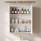 White double-door bathroom cabinet with three storage compartments and adjustable shelving