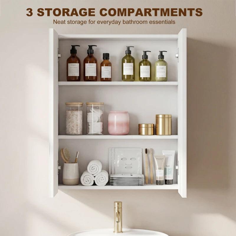 Bathroom Mirror Cabinet, 3-Tier Wall Mount Bathroom Storage Cabinet with Soft-Close Hinges and Adjustable Shelf, Double Door Cupboard, 60 x 15 x 75 cm, White