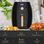 Black air fryer with digital display and pull-out drawer with wood-tone handle