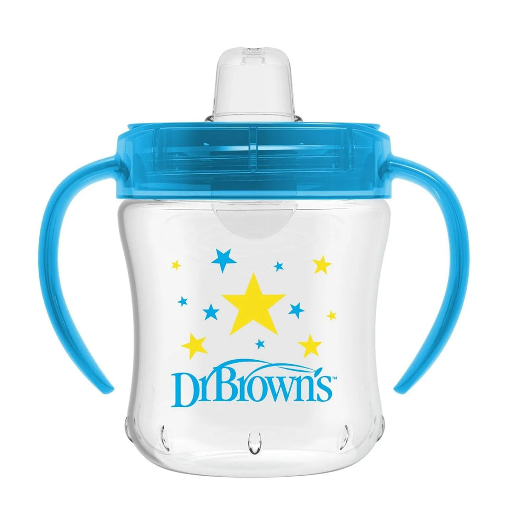 Blue soft spout transition cup with handles and star print, Dr. Brown's logo