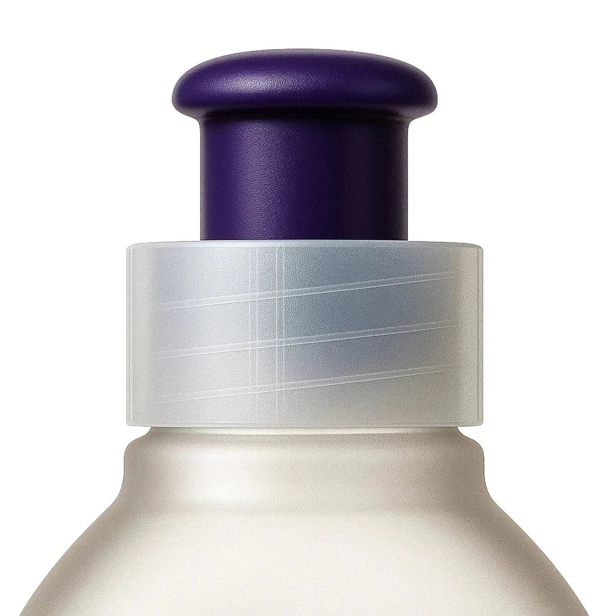 Teat cleaner bottle, dark purple cap on clear bottle with label sleeve