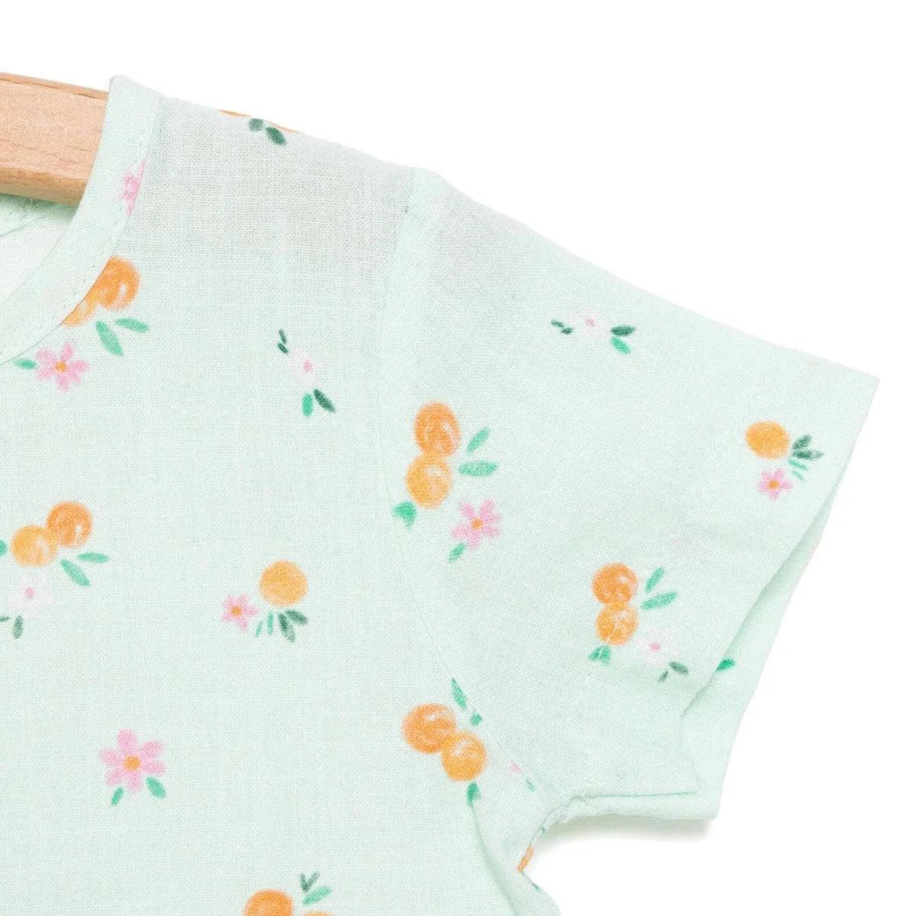 Light blue short-sleeve newborn dress with orange and pink floral print