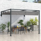 Dark grey lean-to steel pergola with retractable grey canopy above outdoor seating area.