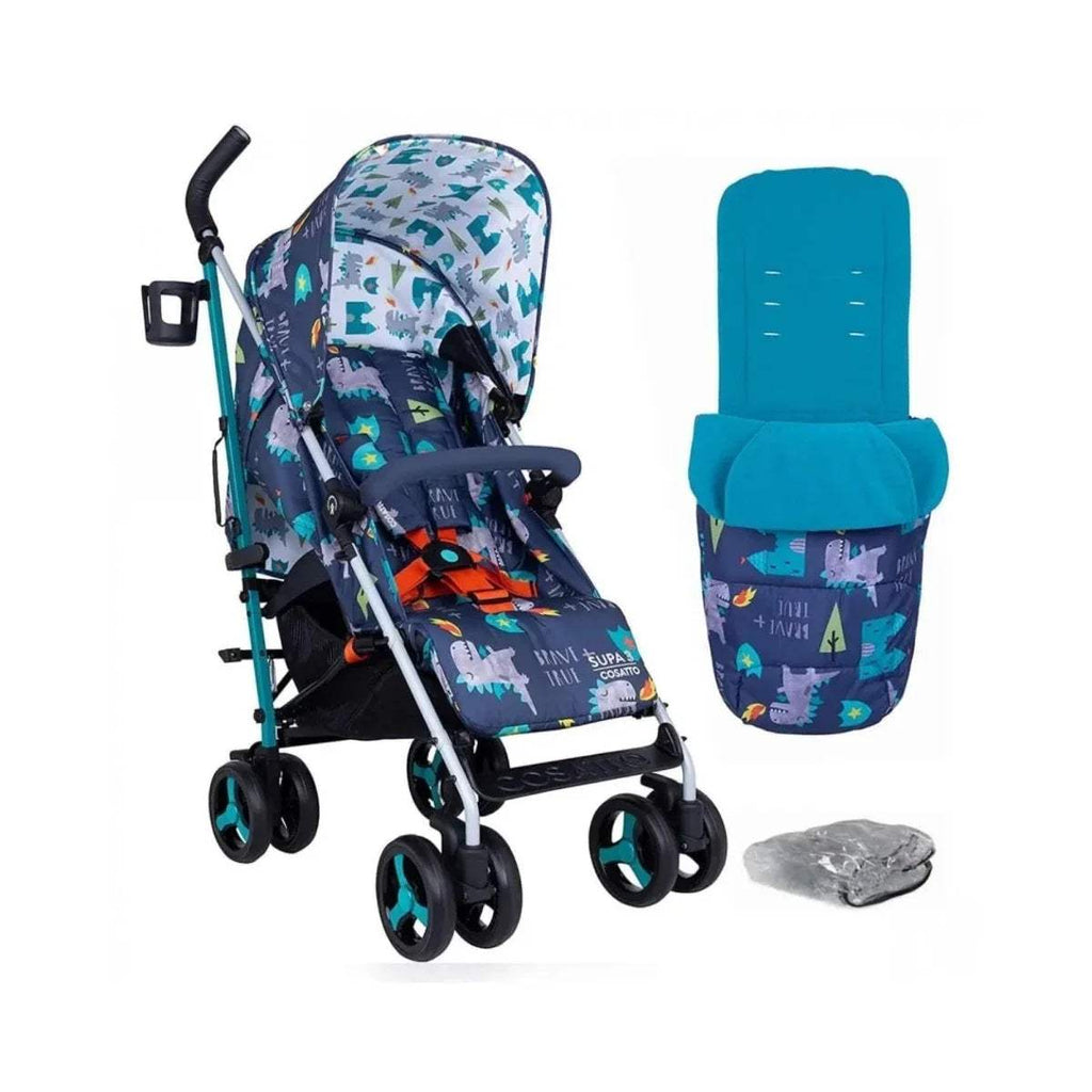 Dragon-themed stroller with matching teal footmuff/liner and fabric accessory