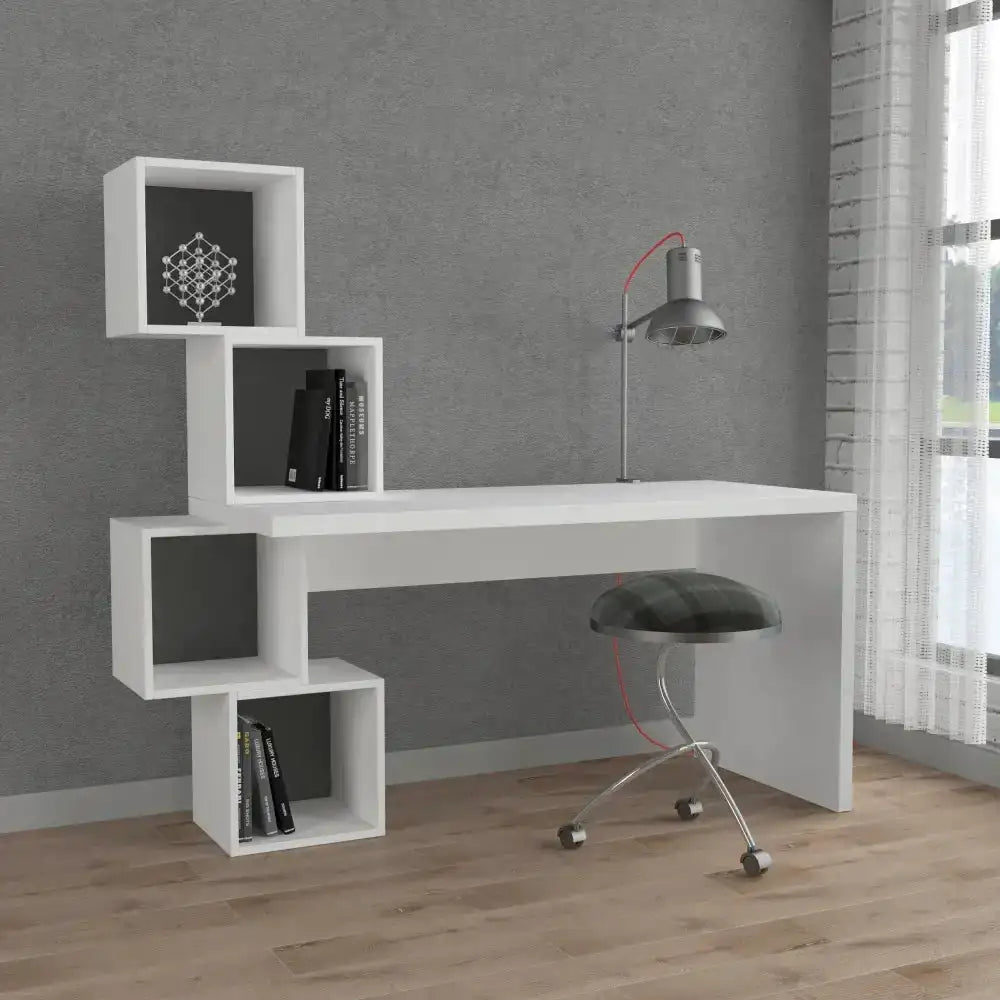 White modern desk with open shelves and built-in cubbies for books