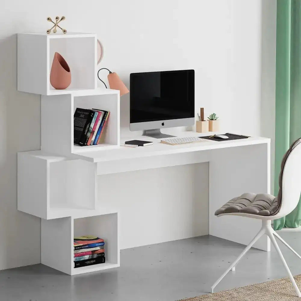 White modern desk with open shelves and stepped cubbies beside the workstation