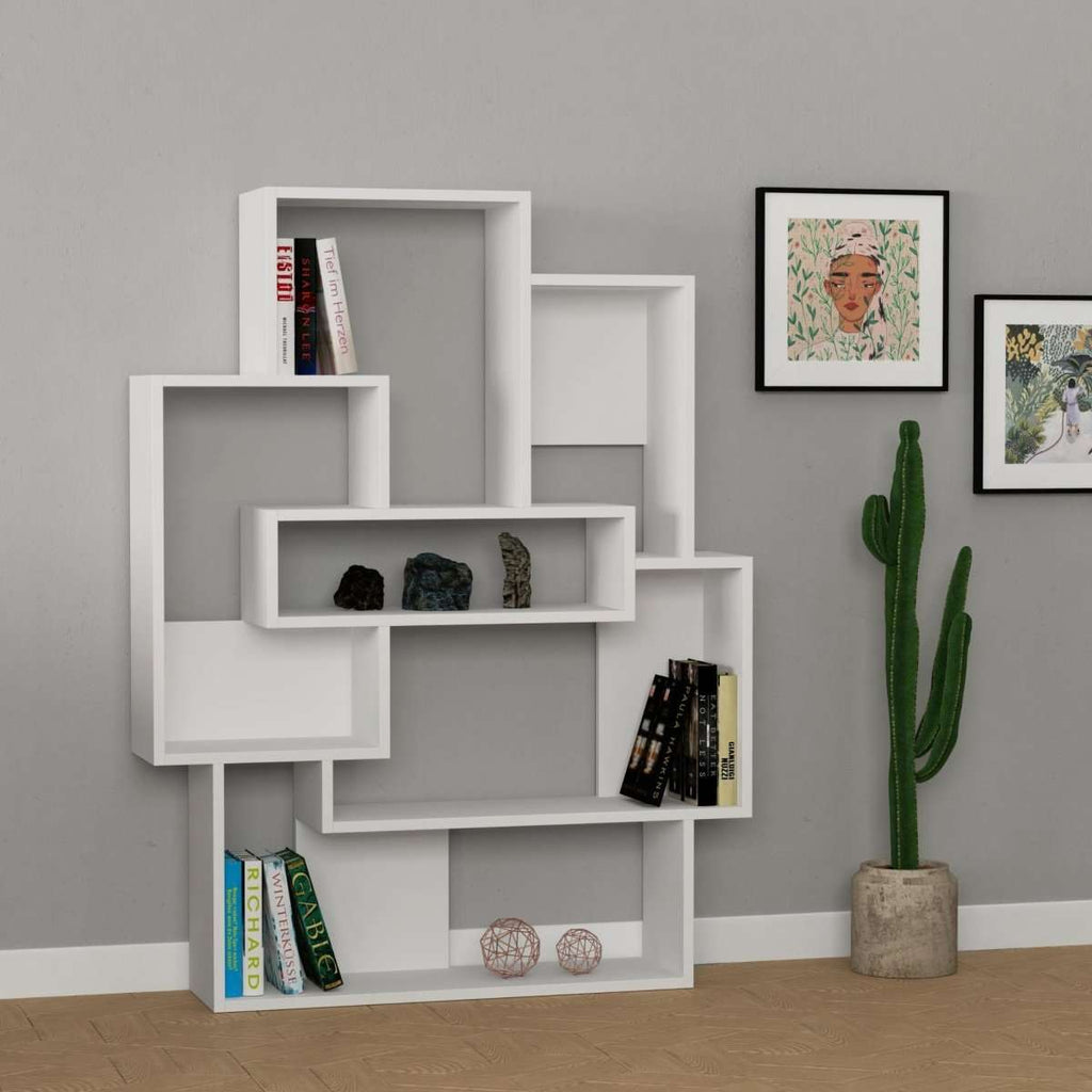 White bookcase display unit with open shelves and dark gray cubbies