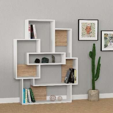 White and wood-effect bookcase display unit with open cubby shelves