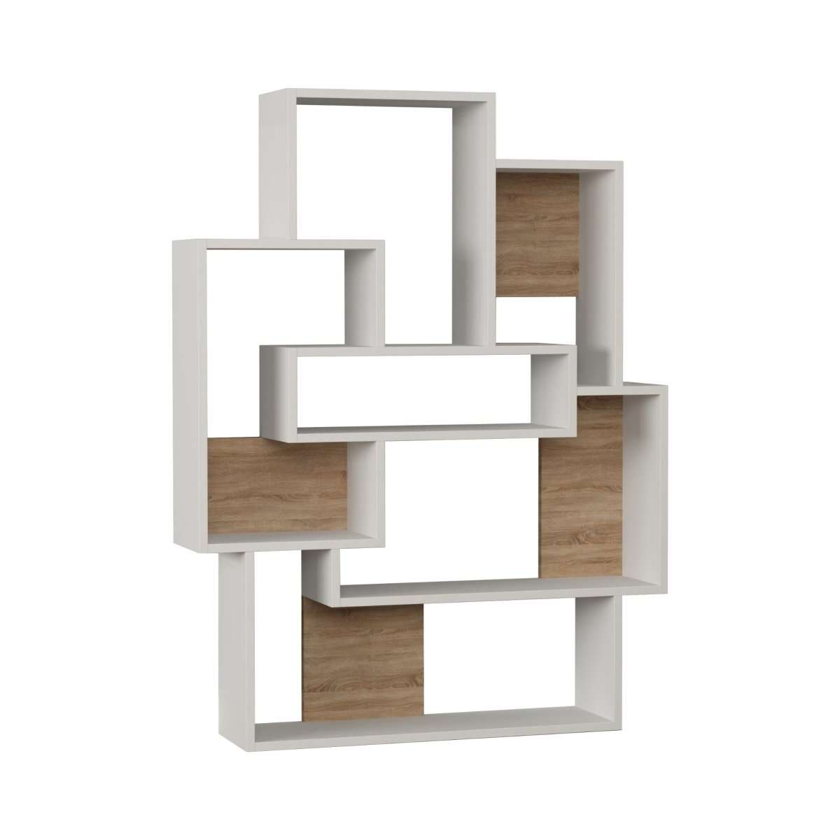 White and oak-effect bookcase display unit with open shelves and panel inserts