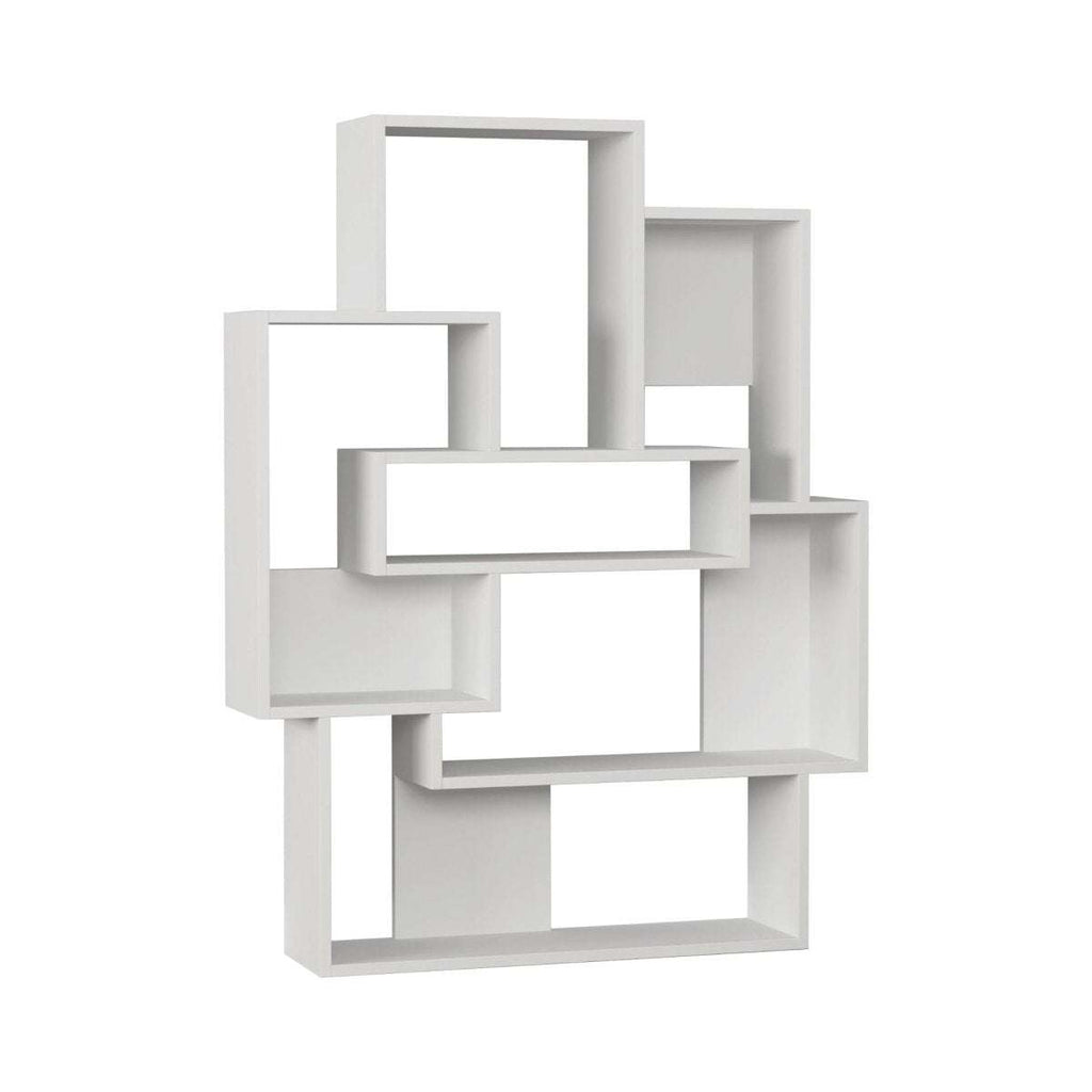 All-white bookcase display unit with open cubby shelves and storage compartments